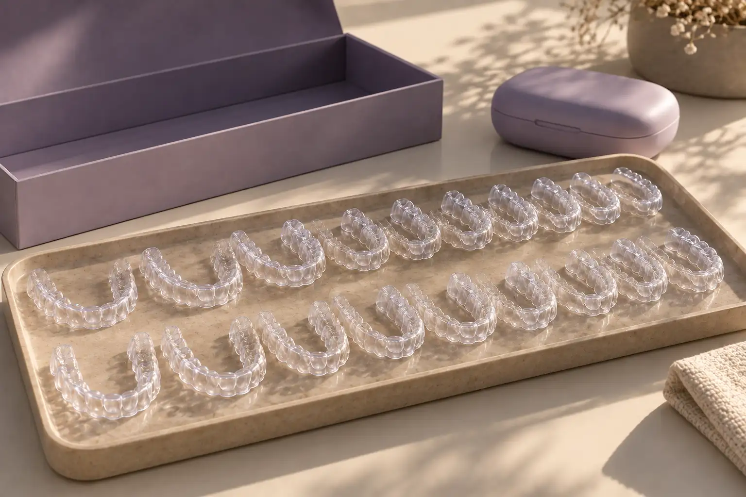 The full set of aligners, fanned into an arc.